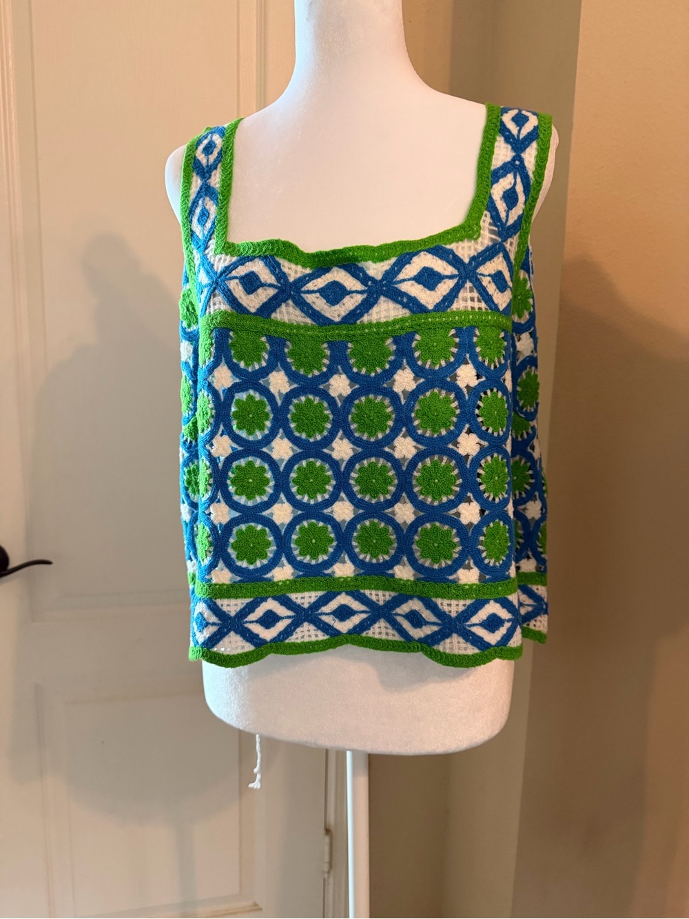 Chelsea & Violet Blue and Green Crochet Square-Neck Tank